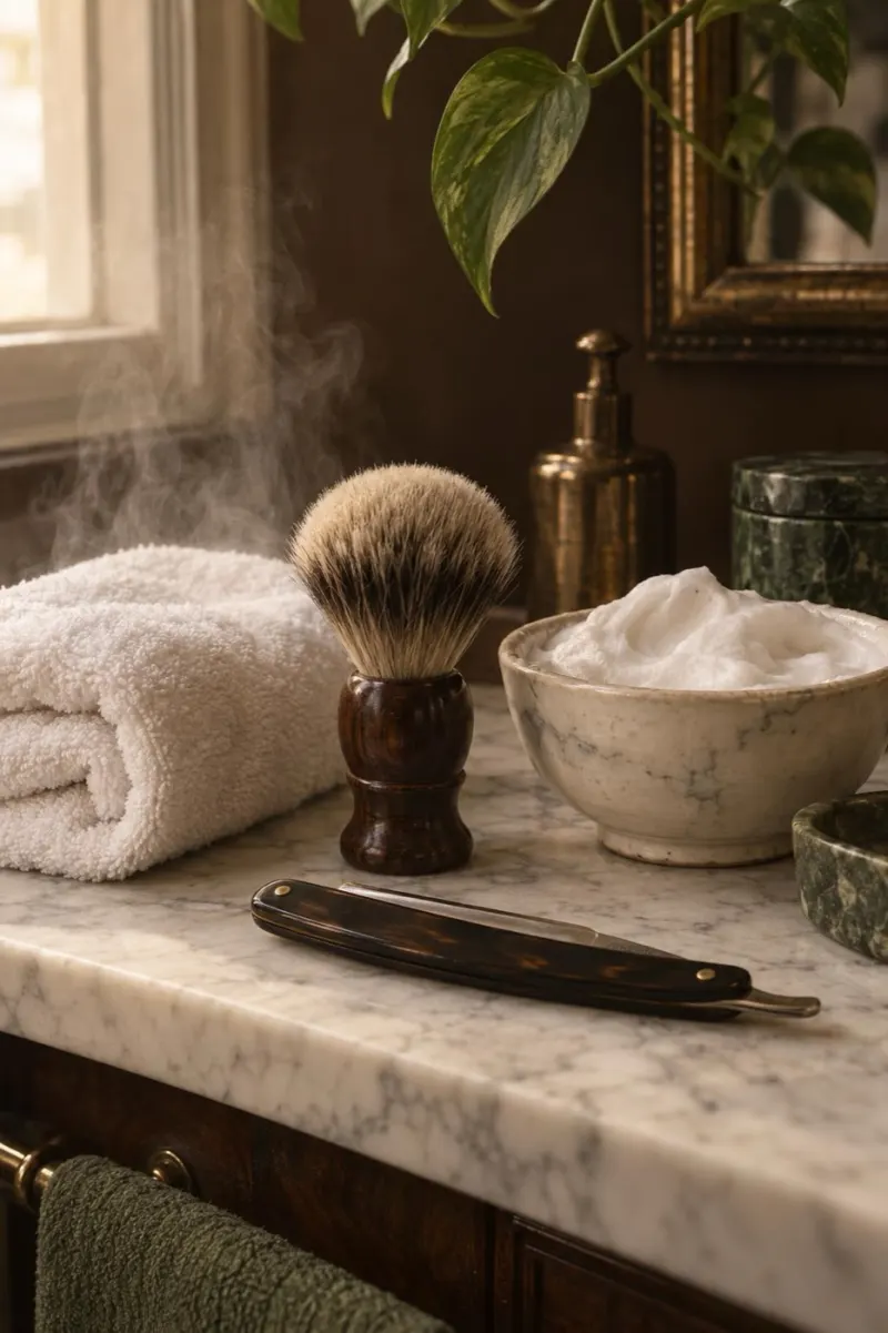 A hot towel, shaving brush and straight razor on marble