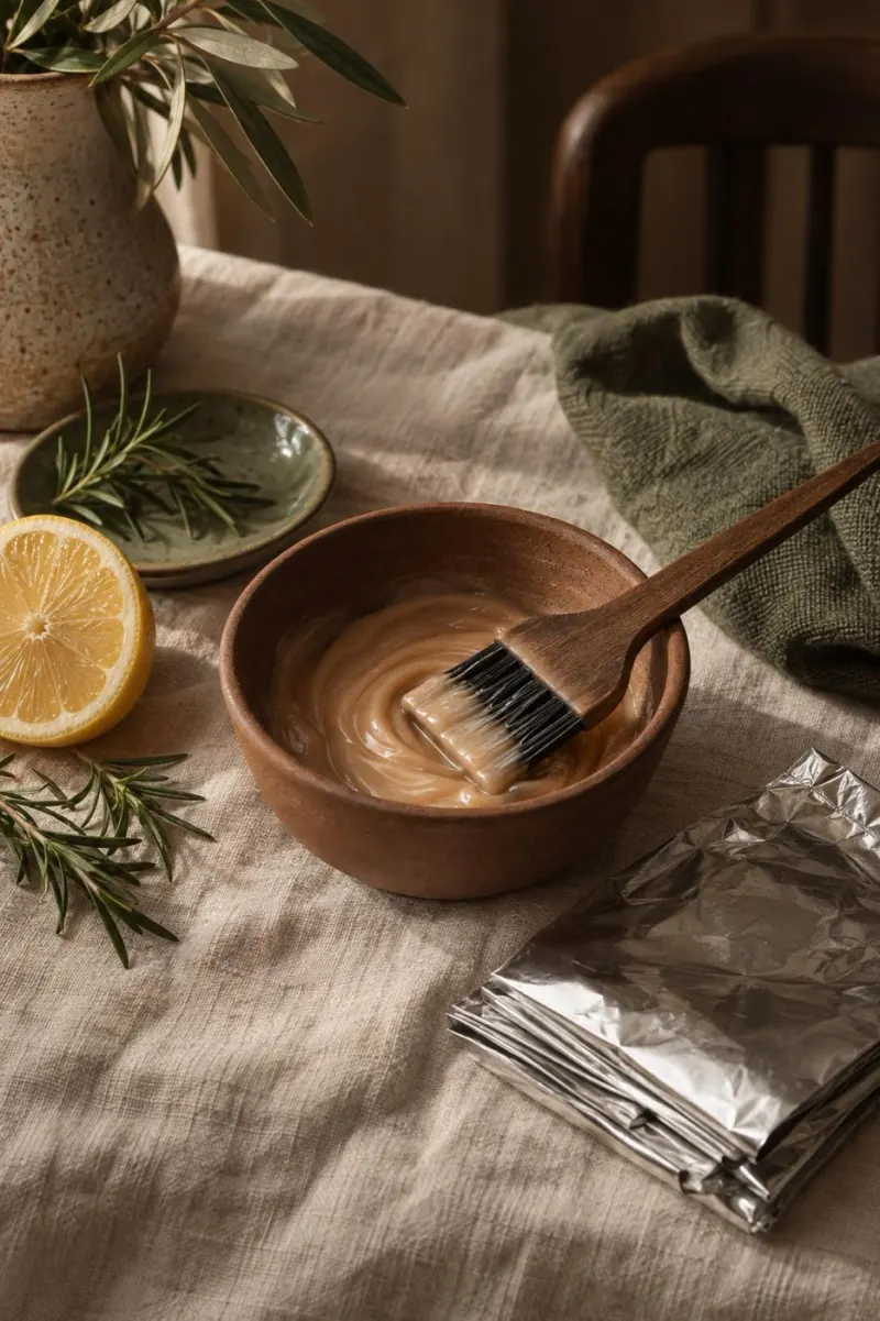 A ceramic bowl of colour with a tint brush, foils and rosemary on linen